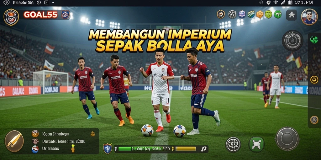 Gameplay GOAL55 menampilkan manajemen klub sepak bola yang intens.