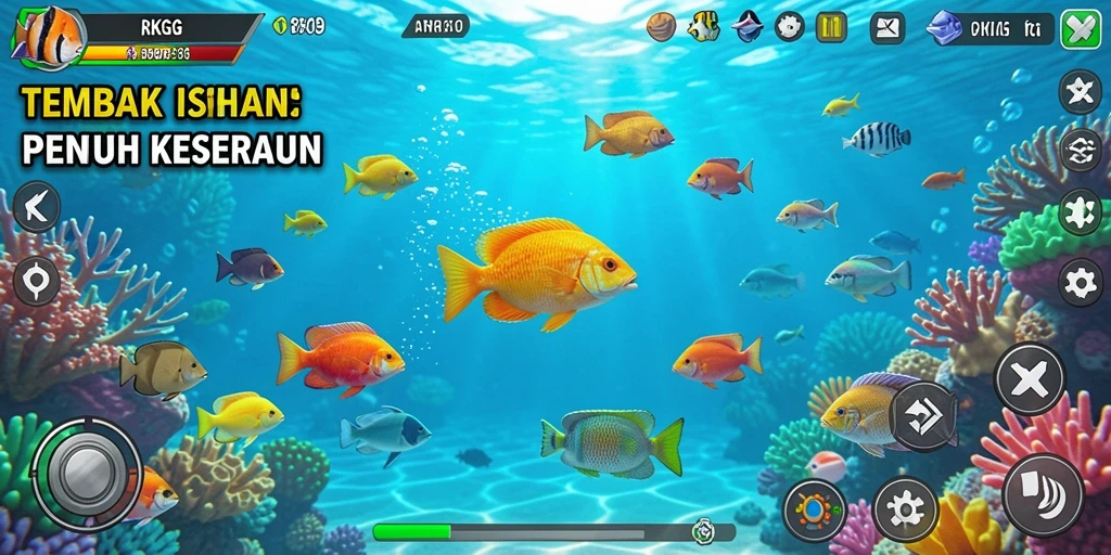 Screenshot gameplay RKGG dengan aksi menembak ikan.